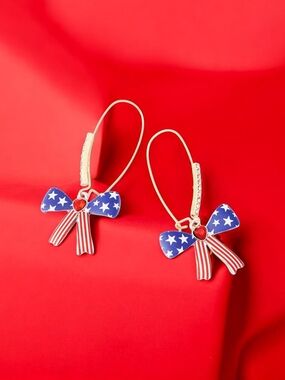 NEW Betsey Johnson Americana Bow Shepherd Hook Earrings Blue 2 inches NWT